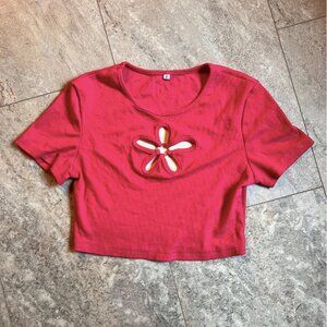 Women's Short Sleeve Cropped Tee with Flower Cutout - Pink